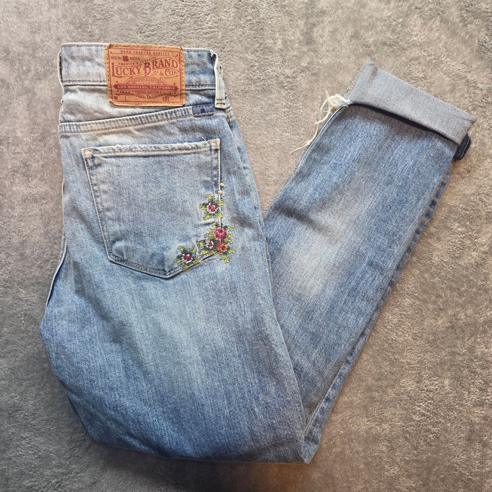 Lucky Brand Skinny Jeans Womens 00 Blue Light Wash Embroidered Floral Denim